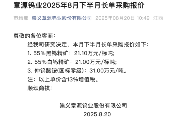 泸深策略 钨价持续攀升 行业龙头再度调涨产品价格